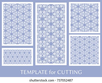Decorative panels set for laser cutting. Geometric ornament for wedding invitation, envelope, greeting or business cards, Template for paper cut, printing, engraving wood, metal. Stencil manufacturing