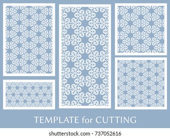 Decorative panels set for laser cutting. Geometric ornament for wedding invitation, envelope, greeting or business cards, Template for paper cut, printing, engraving wood, metal. Stencil manufacturing