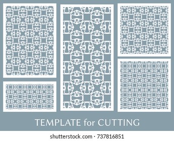 Decorative panels set for laser cutting. Geometric ornament for wedding invitation, envelope, greeting or business cards, Template for paper cut, printing, engraving wood, metal. Stencil manufacturing