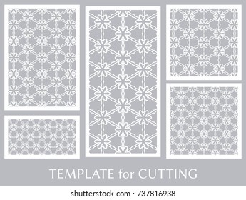 Decorative panels set for laser cutting. Geometric ornament for wedding invitation, envelope, greeting or business cards, Template for paper cut, printing, engraving wood, metal. Stencil manufacturing