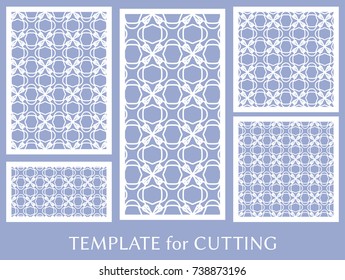 Decorative panels set for laser cutting. Geometric ornament for wedding invitation, envelope, greeting or business cards, Template for paper cut, printing, engraving wood, metal. Stencil manufacturing