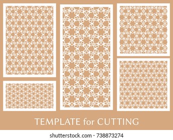 Decorative panels set for laser cutting. Geometric ornament for wedding invitation, envelope, greeting or business cards, Template for paper cut, printing, engraving wood, metal. Stencil manufacturing