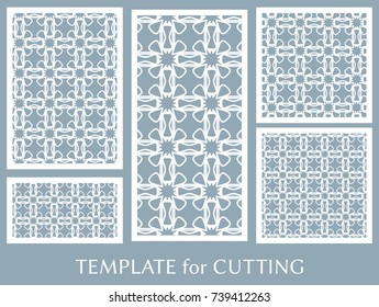 Decorative panels set for laser cutting. Geometric ornament for wedding invitation, envelope, greeting or business cards, Template for paper cut, printing, engraving wood, metal. Stencil manufacturing