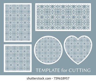 Decorative panels set for laser cutting. Geometric round ornament and heart element for wedding invitation, envelope, greeting card. Template for paper cut, printing. Stencil manufacturing