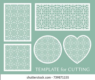 Decorative panels set for laser cutting. Geometric round ornament and heart element for wedding invitation, envelope, greeting card. Template for paper cut, printing. Stencil manufacturing