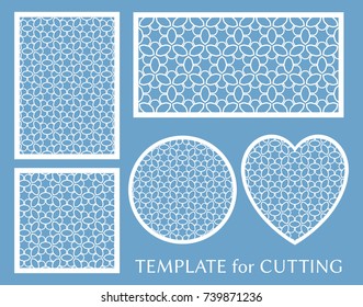 Decorative panels set for laser cutting. Geometric round ornament and heart element for wedding invitation, envelope, greeting card. Template for paper cut, printing. Stencil manufacturing