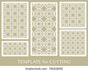 Decorative panels set for laser cutting. Geometric ornament for wedding invitation, envelope, greeting or business cards, Template for paper cut, printing, engraving wood, metal. Stencil manufacturing