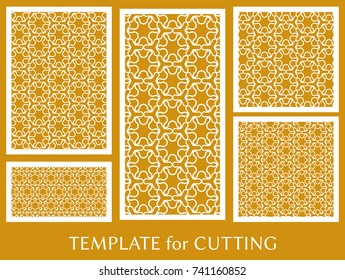 Decorative panels set for laser cutting. Geometric ornament for wedding invitation, envelope, greeting or business cards, Template for paper cut, printing, engraving wood, metal. Stencil manufacturing