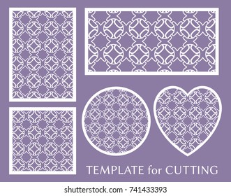 Decorative panels set for laser cutting. Geometric round ornament and heart element for wedding invitation, envelope, greeting card. Template for paper cut, printing. Stencil manufacturing