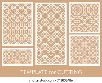 Decorative panels set for laser cutting. Geometric ornament for wedding invitation, envelope, greeting or business cards, Template for paper cut, printing, engraving wood, metal. Stencil manufacturing