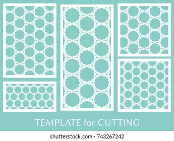 Decorative panels set for laser cutting. Geometric ornament for wedding invitation, envelope, greeting or business cards, Template for paper cut, printing, engraving wood, metal. Stencil manufacturing