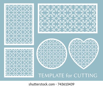 Decorative panels set for laser cutting. Geometric round ornament and heart element for wedding invitation, envelope, greeting card. Template for paper cut, printing. Stencil manufacturing