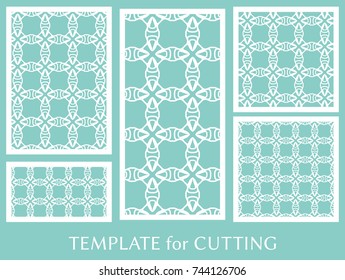 Decorative panels set for laser cutting. Geometric ornament for wedding invitation, envelope, greeting or business cards, Template for paper cut, printing, engraving wood, metal. Stencil manufacturing