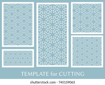 Decorative panels set for laser cutting. Geometric ornament for wedding invitation, envelope, greeting or business cards, Template for paper cut, printing, engraving wood, metal. Stencil manufacturing