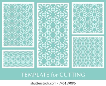 Decorative panels set for laser cutting. Geometric ornament for wedding invitation, envelope, greeting or business cards, Template for paper cut, printing, engraving wood, metal. Stencil manufacturing