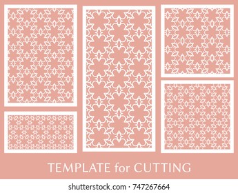 Decorative panels set for laser cutting. Geometric ornament for wedding invitation, envelope, greeting or business cards, Template for paper cut, printing, engraving wood, metal. Stencil manufacturing