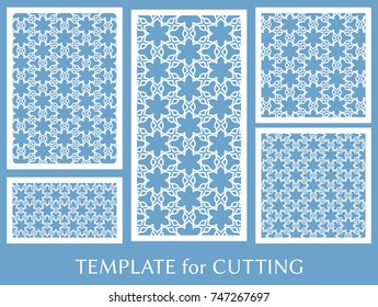 Decorative panels set for laser cutting. Geometric ornament for wedding invitation, envelope, greeting or business cards, Template for paper cut, printing, engraving wood, metal. Stencil manufacturing