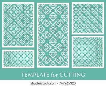 Decorative panels set for laser cutting. Geometric ornament for wedding invitation, envelope, greeting or business cards, Template for paper cut, printing, engraving wood, metal. Stencil manufacturing