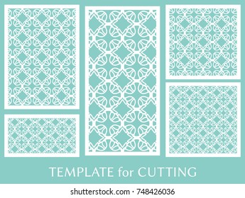 Decorative panels set for laser cutting. Geometric ornament for wedding invitation, envelope, greeting or business cards, Template for paper cut, printing, engraving wood, metal. Stencil manufacturing