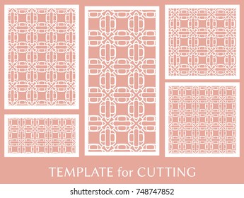 Decorative panels set for laser cutting. Geometric ornament for wedding invitation, envelope, greeting or business cards, Template for paper cut, printing, engraving wood, metal. Stencil manufacturing