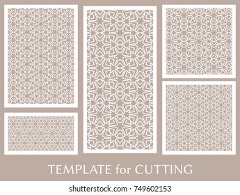 Decorative panels set for laser cutting. Geometric ornament for wedding invitation, envelope, greeting or business cards, Template for paper cut, printing, engraving wood, metal. Stencil manufacturing