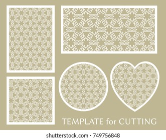 Decorative panels set for laser cutting. Geometric round ornament and heart element for wedding invitation, envelope, greeting card. Template for paper cut, printing. Stencil manufacturing
