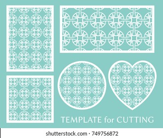 Decorative panels set for laser cutting. Geometric round ornament and heart element for wedding invitation, envelope, greeting card. Template for paper cut, printing. Stencil manufacturing