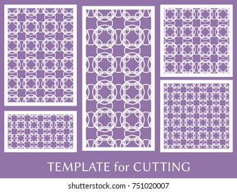 Decorative panels set for laser cutting. Geometric ornament for wedding invitation, envelope, greeting or business cards, Template for paper cut, printing, engraving wood, metal. Stencil manufacturing