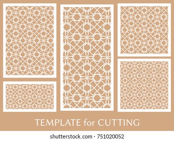 Decorative panels set for laser cutting. Geometric ornament for wedding invitation, envelope, greeting or business cards, Template for paper cut, printing, engraving wood, metal. Stencil manufacturing