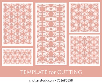 Decorative panels set for laser cutting. Geometric ornament for wedding invitation, envelope, greeting or business cards, Template for paper cut, printing, engraving wood, metal. Stencil manufacturing
