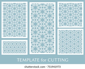 Decorative panels set for laser cutting. Geometric ornament for wedding invitation, envelope, greeting or business cards, Template for paper cut, printing, engraving wood, metal. Stencil manufacturing