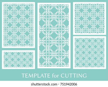 Decorative panels set for laser cutting. Geometric ornament for wedding invitation, envelope, greeting or business cards, Template for paper cut, printing, engraving wood, metal. Stencil manufacturing