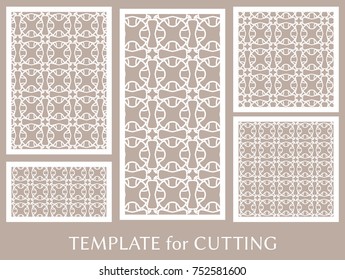 Decorative panels set for laser cutting. Geometric ornament for wedding invitation, envelope, greeting or business cards, Template for paper cut, printing, engraving wood, metal. Stencil manufacturing