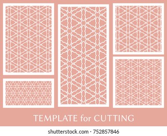 Decorative panels set for laser cutting. Geometric ornament for wedding invitation, envelope, greeting or business cards, Template for paper cut, printing, engraving wood, metal. Stencil manufacturing