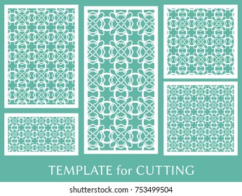 Decorative panels set for laser cutting. Geometric ornament for wedding invitation, envelope, greeting or business cards, Template for paper cut, printing, engraving wood, metal. Stencil manufacturing