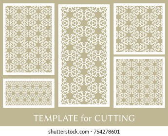 Decorative panels set for laser cutting. Geometric ornament for wedding invitation, envelope, greeting or business cards, Template for paper cut, printing, engraving wood, metal. Stencil manufacturing