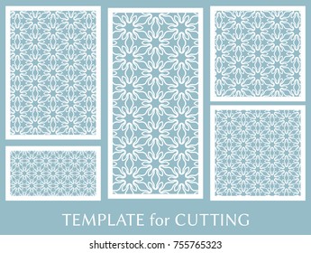Decorative panels set for laser cutting. Geometric ornament for wedding invitation, envelope, greeting or business cards, Template for paper cut, printing, engraving wood, metal. Stencil manufacturing