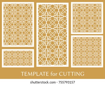 Decorative panels set for laser cutting. Geometric ornament for wedding invitation, envelope, greeting or business cards, Template for paper cut, printing, engraving wood, metal. Stencil manufacturing