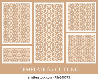 Decorative panels set for laser cutting. Geometric ornament for wedding invitation, envelope, greeting or business cards, Template for paper cut, printing, engraving wood, metal. Stencil manufacturing