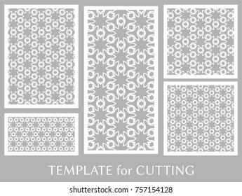 Decorative panels set for laser cutting. Geometric ornament for wedding invitation, envelope, greeting or business cards, Template for paper cut, printing, engraving wood, metal. Stencil manufacturing