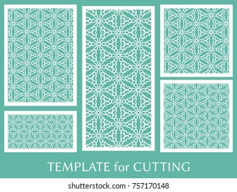 Decorative panels set for laser cutting. Geometric ornament for wedding invitation, envelope, greeting or business cards, Template for paper cut, printing, engraving wood, metal. Stencil manufacturing