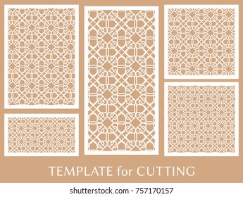 Decorative panels set for laser cutting. Geometric ornament for wedding invitation, envelope, greeting or business cards, Template for paper cut, printing, engraving wood, metal. Stencil manufacturing