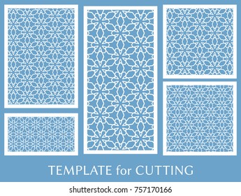 Decorative panels set for laser cutting. Geometric ornament for wedding invitation, envelope, greeting or business cards, Template for paper cut, printing, engraving wood, metal. Stencil manufacturing