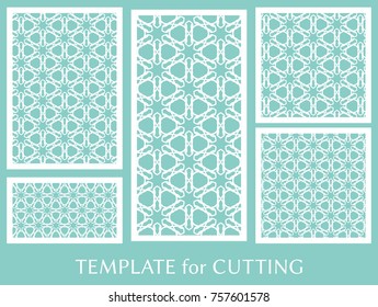 Decorative panels set for laser cutting. Geometric ornament for wedding invitation, envelope, greeting or business cards, Template for paper cut, printing, engraving wood, metal. Stencil manufacturing