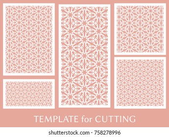 Decorative panels set for laser cutting. Geometric ornament for wedding invitation, envelope, greeting or business cards, Template for paper cut, printing, engraving wood, metal. Stencil manufacturing
