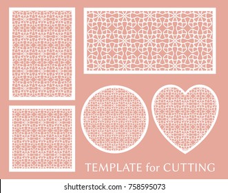 Decorative panels set for laser cutting. Geometric round ornament and heart element for wedding invitation, envelope, greeting card. Template for paper cut, printing. Stencil manufacturing