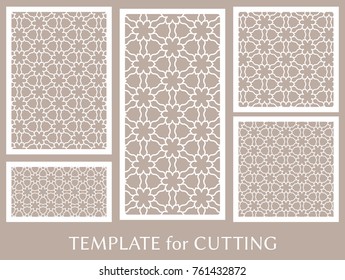Decorative panels set for laser cutting. Geometric ornament for wedding invitation, envelope, greeting or business cards, Template for paper cut, printing, engraving wood, metal. Stencil manufacturing