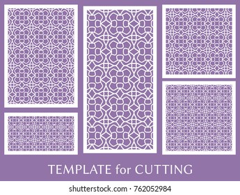 Decorative panels set for laser cutting. Geometric ornament for wedding invitation, envelope, greeting or business cards, Template for paper cut, printing, engraving wood, metal. Stencil manufacturing