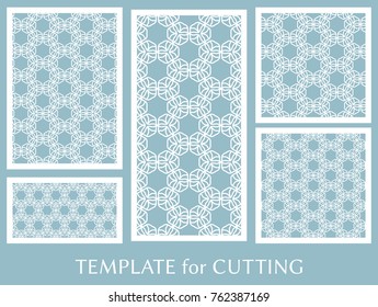 Decorative panels set for laser cutting. Geometric ornament for wedding invitation, envelope, greeting or business cards, Template for paper cut, printing, engraving wood, metal. Stencil manufacturing