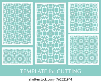 Decorative panels set for laser cutting. Geometric ornament for wedding invitation, envelope, greeting or business cards, Template for paper cut, printing, engraving wood, metal. Stencil manufacturing